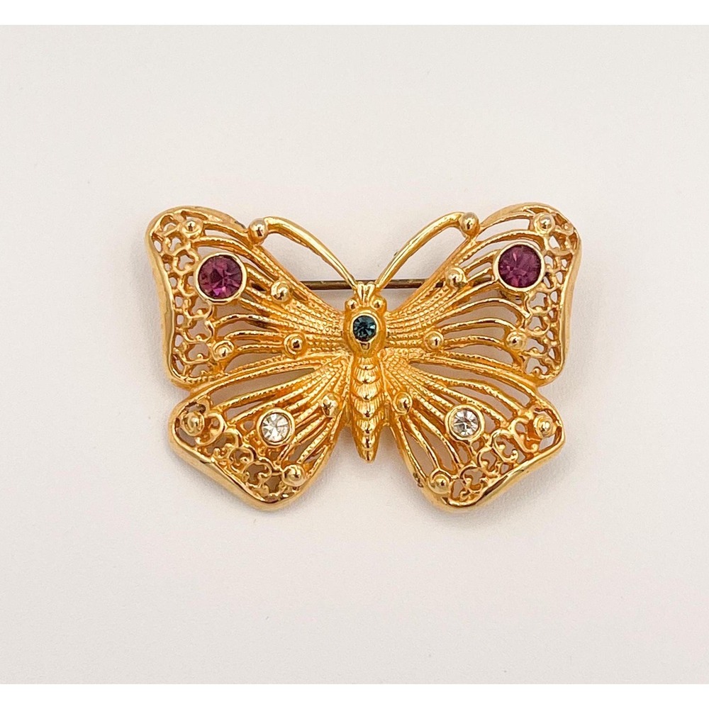 Vtg Gold-Tone Filigree Butterfly Brooch with Rhinestones- Fairycore